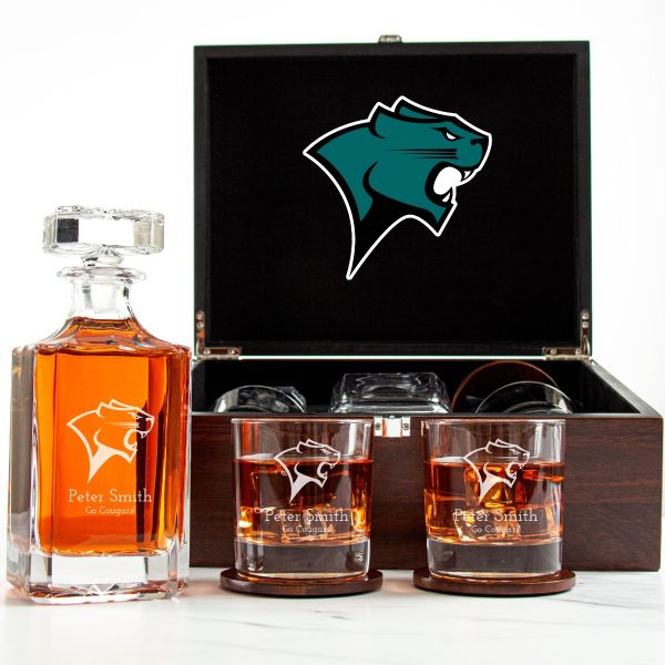 Customized Engraved Dark Brown Wood Box Decanter Set With Rocks Glasses - NCAA Chicago State Cougars