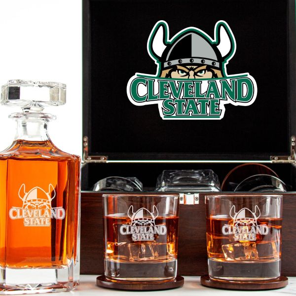 Customized Engraved Dark Brown Wood Box Decanter Set With Rocks Glasses - NCAA Cleveland State Vikings