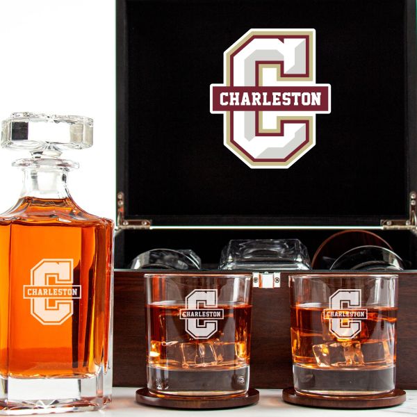 Customized Engraved Dark Brown Wood Box Decanter Set With Rocks Glasses - NCAA Charleston Cougars