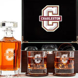 Customized Engraved Dark Brown Wood Box Decanter Set With Rocks Glasses - NCAA Charleston Cougars