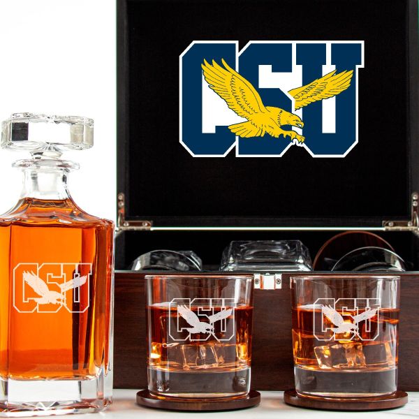 Customized Engraved Dark Brown Wood Box Decanter Set With Rocks Glasses - NCAA Coppin State Eagles