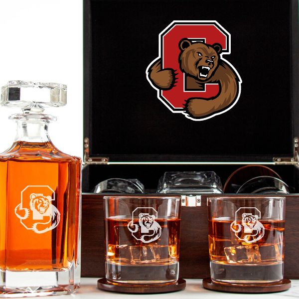 Customized Engraved Dark Brown Wood Box Decanter Set With Rocks Glasses - NCAA Cornell University Big Red