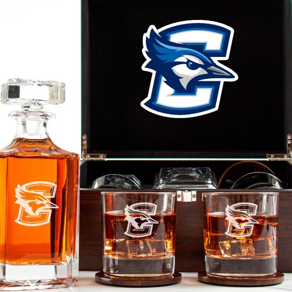 Customized Engraved Dark Brown Wood Box Decanter Set With Rocks Glasses - NCAA Creighton Bluejays