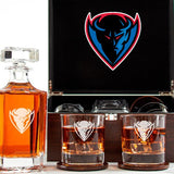 Customized Engraved Dark Brown Wood Box Decanter Set With Rocks Glasses - NCAA DePaul Blue Demons