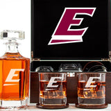 Customized Engraved Dark Brown Wood Box Decanter Set With Rocks Glasses - NCAA Eastern Kentucky Colonels
