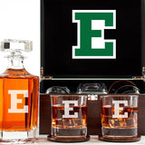 Customized Engraved Dark Brown Wood Box Decanter Set With Rocks Glasses - NCAA Eastern Michigan Eagles