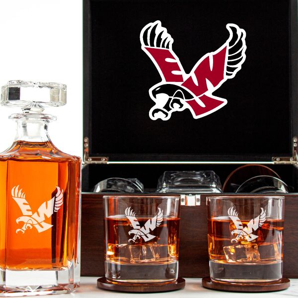 Customized Engraved Dark Brown Wood Box Decanter Set With Rocks Glasses - NCAA Eastern Washington Eagles