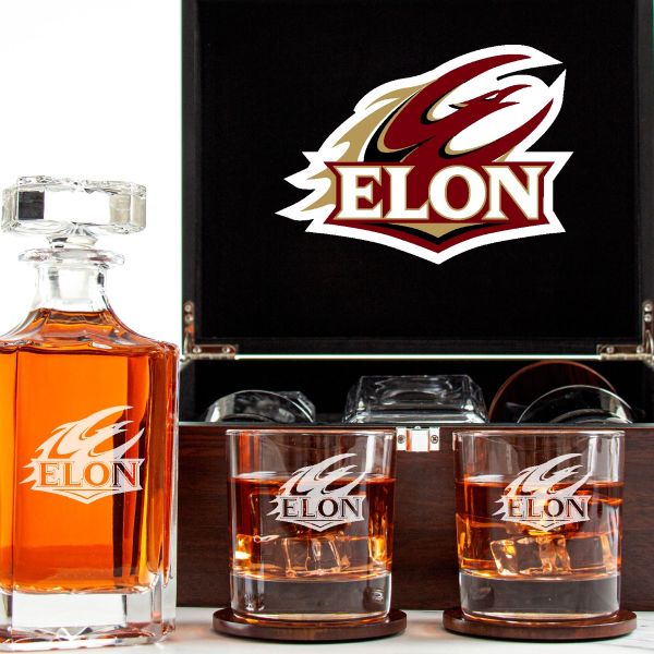 Customized Engraved Dark Brown Wood Box Decanter Set With Rocks Glasses - NCAA Elon Phoenix