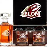 Customized Engraved Dark Brown Wood Box Decanter Set With Rocks Glasses - NCAA Elon Phoenix
