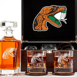 Customized Engraved Dark Brown Wood Box Decanter Set With Rocks Glasses - NCAA Florida A&M Rattlers
