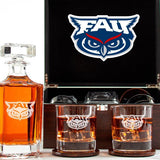 Customized Engraved Dark Brown Wood Box Decanter Set With Rocks Glasses - NCAA Florida Atlantic Owls