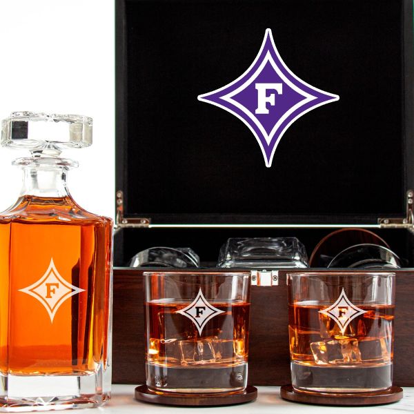 Customized Engraved Dark Brown Wood Box Decanter Set With Rocks Glasses - NCAA Furman Paladins