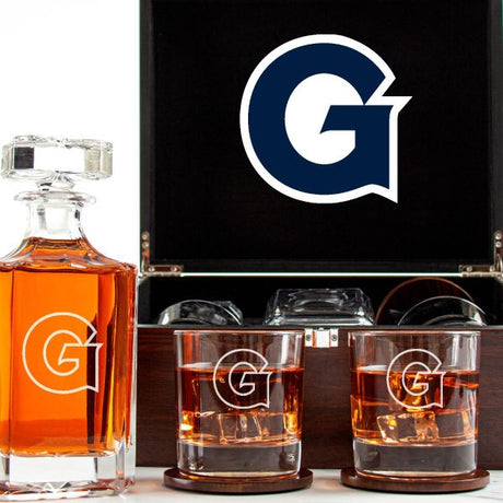 NCAA Georgetown Hoyas - Customized Engraved Dark Brown Wood Box Decanter Set With Rocks Glasses