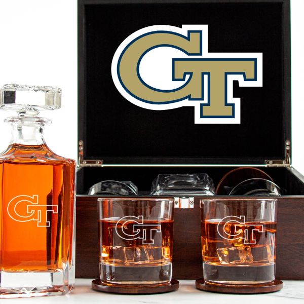 Customized Engraved Dark Brown Wood Box Decanter Set With Rocks Glasses - NCAA Georgia Tech Yellow Jackets