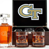 Customized Engraved Dark Brown Wood Box Decanter Set With Rocks Glasses - NCAA Georgia Tech Yellow Jackets