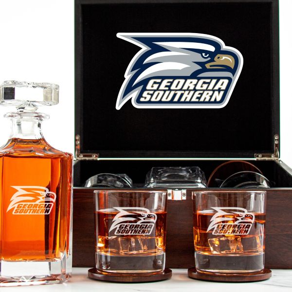 Customized Engraved Dark Brown Wood Box Decanter Set With Rocks Glasses - NCAA Georgia Southern Eagles