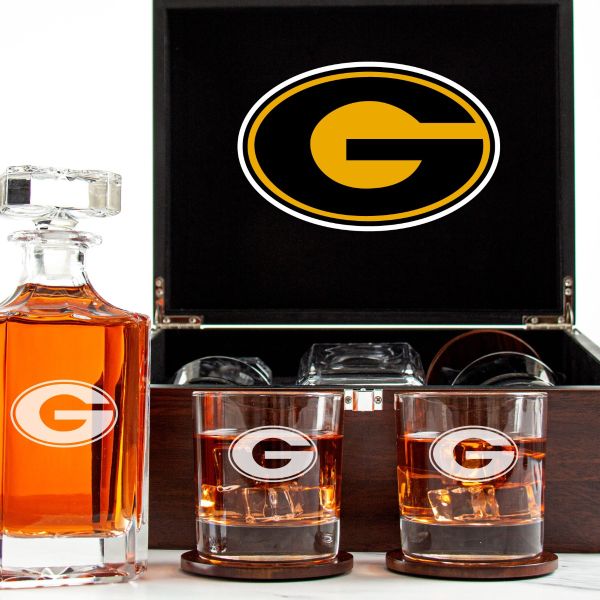 Customized Engraved Dark Brown Wood Box Decanter Set With Rocks Glasses - NCAA Grambling State Tigers