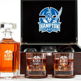 Customized Engraved Dark Brown Wood Box Decanter Set With Rocks Glasses - NCAA Hampton Pirates