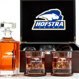 Customized Engraved Dark Brown Wood Box Decanter Set With Rocks Glasses - NCAA Hofstra	Pride