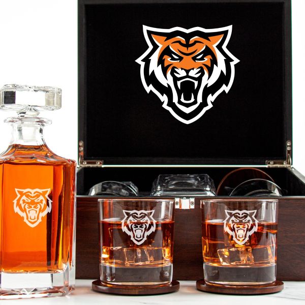 Customized Engraved Dark Brown Wood Box Decanter Set With Rocks Glasses - NCAA Idaho State Bengals