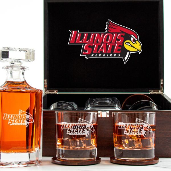 Customized Engraved Dark Brown Wood Box Decanter Set With Rocks Glasses - NCAA Illinois State Redbirds