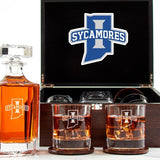 Customized Engraved Dark Brown Wood Box Decanter Set With Rocks Glasses - NCAA Indiana State Sycamores