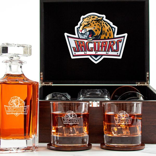 Customized Engraved Dark Brown Wood Box Decanter Set With Rocks Glasses - NCAA IUPUI Jaguars