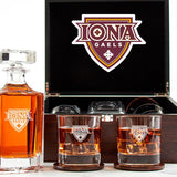 Customized Engraved Dark Brown Wood Box Decanter Set With Rocks Glasses - NCAA Iona Gaels
