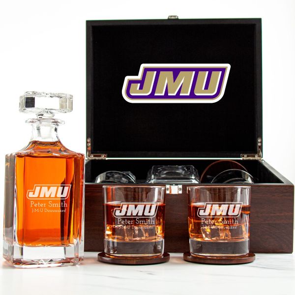Customized Engraved Dark Brown Wood Box Decanter Set With Rocks Glasses - NCAA James Madison Dukes