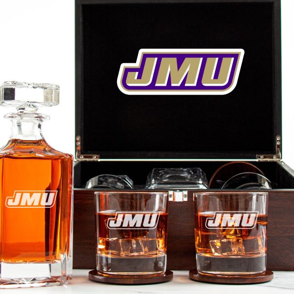 Customized Engraved Dark Brown Wood Box Decanter Set With Rocks Glasses - NCAA James Madison Dukes