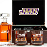 Customized Engraved Dark Brown Wood Box Decanter Set With Rocks Glasses - NCAA James Madison Dukes