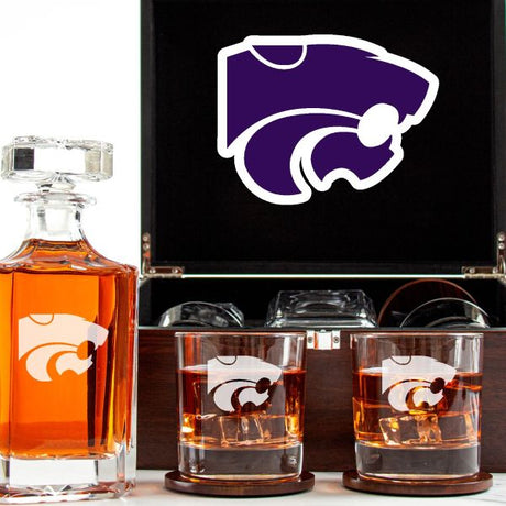Customized Engraved Dark Brown Wood Box Decanter Set With Rocks Glasses - NCAA Kansas State Wildcats