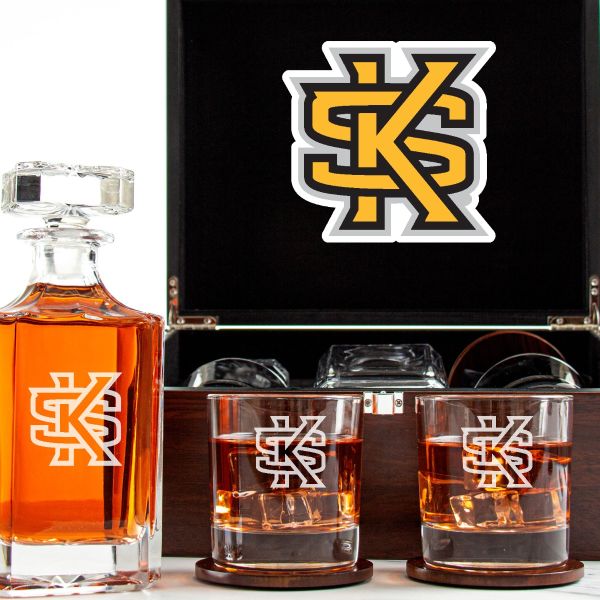 Customized Engraved Dark Brown Wood Box Decanter Set With Rocks Glasses - NCAA Kennesaw State Owls