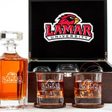 Customized Engraved Dark Brown Wood Box Decanter Set With Rocks Glasses - NCAA Lamar Cardinals