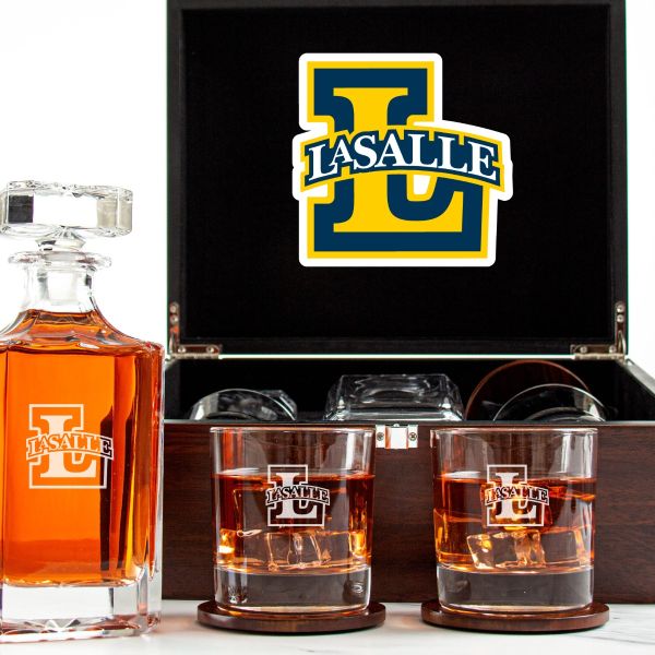 Customized Engraved Dark Brown Wood Box Decanter Set With Rocks Glasses - NCAA La Salle Explorers