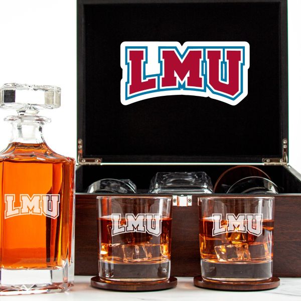 Customized Engraved Dark Brown Wood Box Decanter Set With Rocks Glasses - NCAA Loyola Marymount Lions