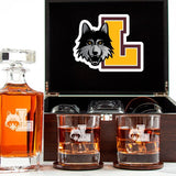 Customized Engraved Dark Brown Wood Box Decanter Set With Rocks Glasses - NCAA Loyola Chicago Ramblers
