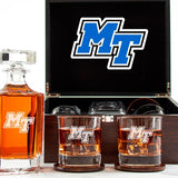 Customized Engraved Dark Brown Wood Box Decanter Set With Rocks Glasses - NCAA Middle Tennessee Blue Raiders
