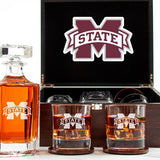 Customized Engraved Dark Brown Wood Box Decanter Set With Rocks Glasses - NCAA Mississippi State Bulldogs
