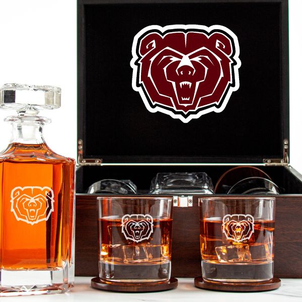 Customized Engraved Dark Brown Wood Box Decanter Set With Rocks Glasses - NCAA Missouri State Bears