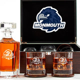 Customized Engraved Dark Brown Wood Box Decanter Set With Rocks Glasses - NCAA Monmouth Hawks
