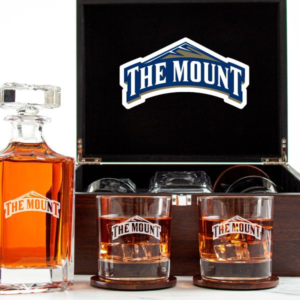 Customized Engraved Dark Brown Wood Box Decanter Set With Rocks Glasses - NCAA Mount St. Mary's Mountaineers