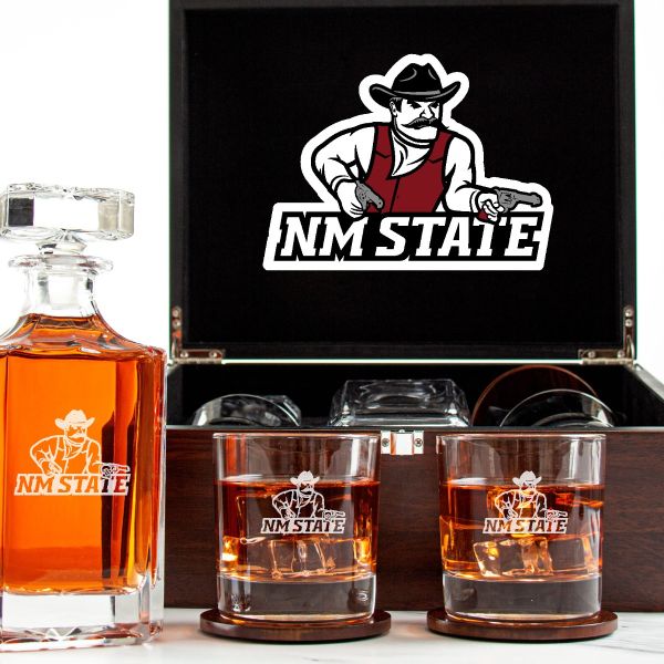 Customized Engraved Dark Brown Wood Box Decanter Set With Rocks Glasses - NCAA New Mexico State Aggies