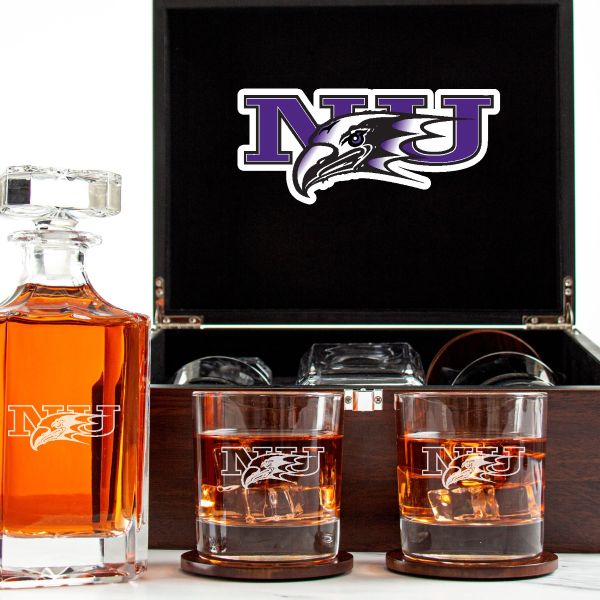 Customized Engraved Dark Brown Wood Box Decanter Set With Rocks Glasses - NCAA Niagara University Purple Eagles