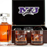 Customized Engraved Dark Brown Wood Box Decanter Set With Rocks Glasses - NCAA Niagara University Purple Eagles