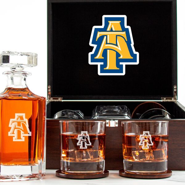 Customized Engraved Dark Brown Wood Box Decanter Set With Rocks Glasses - NCAA North Carolina A&T Aggies