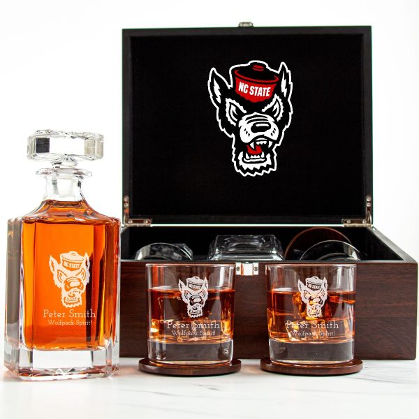 Customized Engraved Dark Brown Wood Box Decanter Set With Rocks Glasses - NCAA NC State Wolfpack