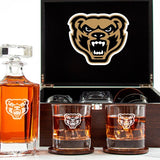 Customized Engraved Dark Brown Wood Box Decanter Set With Rocks Glasses - NCAA Oakland Golden Grizzlies