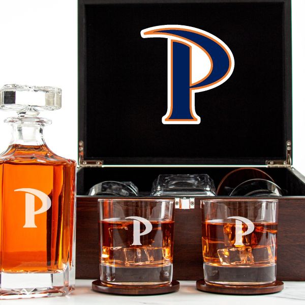 Customized Engraved Dark Brown Wood Box Decanter Set With Rocks Glasses - NCAA Pepperdine	Waves