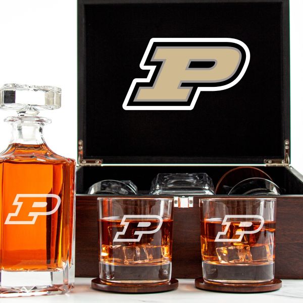 Customized Engraved Dark Brown Wood Box Decanter Set With Rocks Glasses - NCAA Purdue	Boilermakers